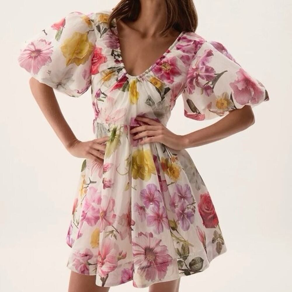 NWT Aje Fleur Linen Mini Dress Collage Floral Puff Sleeve Organza US 0 XS